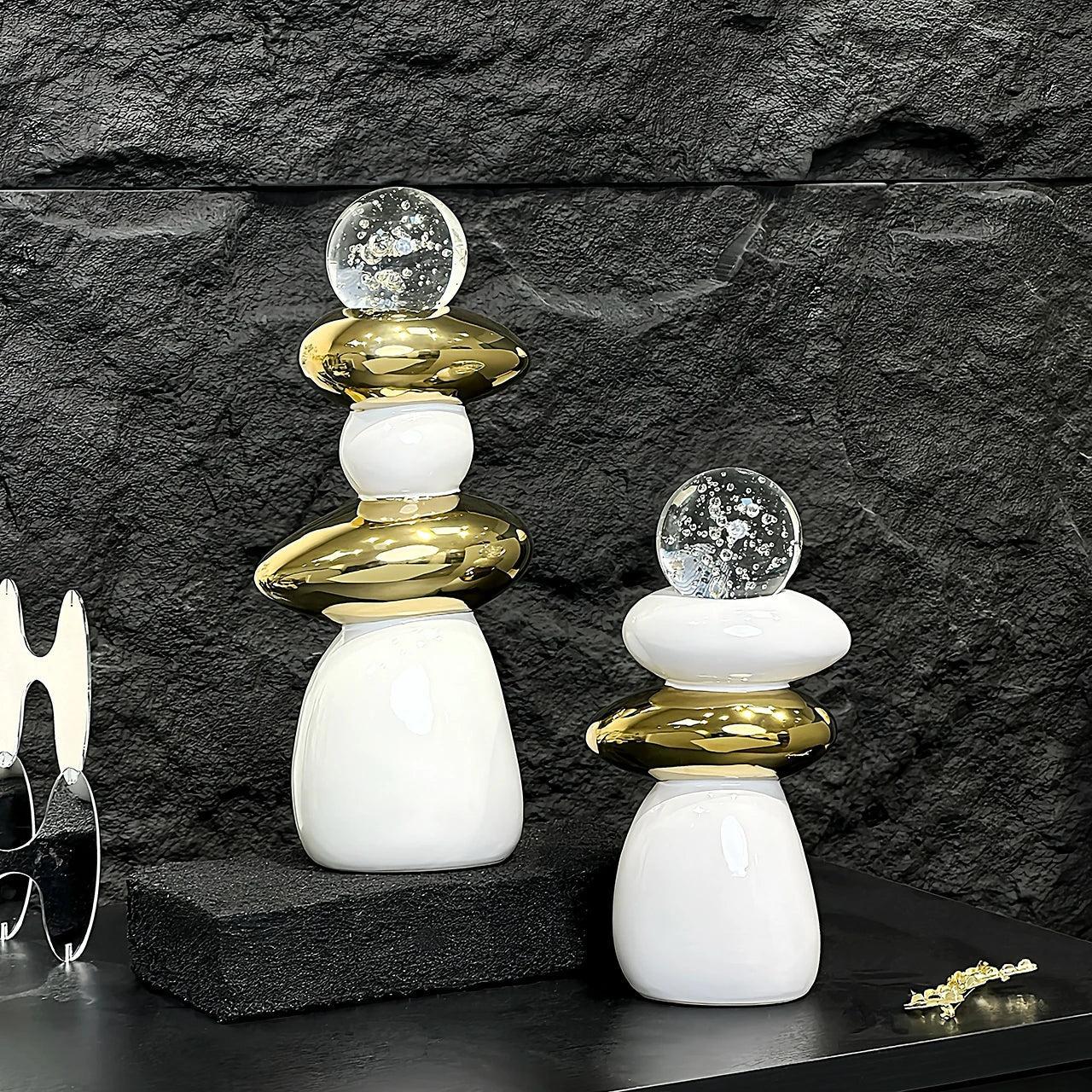 DecorBites™ Decorative Crystal Ball Statue Figurines for Home Decor - Geometric Stone Pile