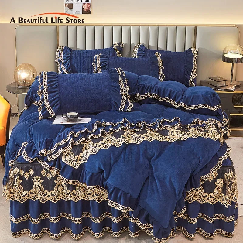 Decobites Velvet Bedding Set with Gold Lace Ruffles, Removable Bed Skirt & Pillowcase