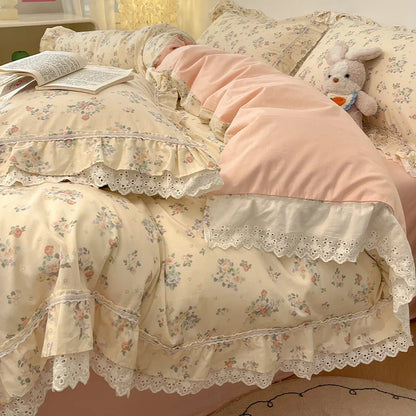 Decobites Princess Style Flowers Lace Ruffles 100% Cotton Bedding Set - 4Pcs