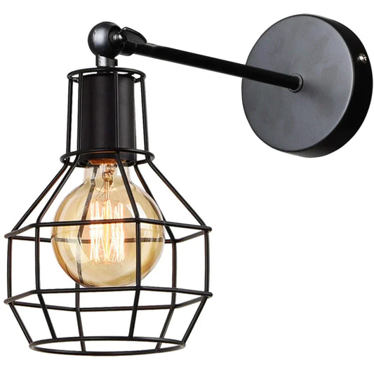 DecorBites™ Black Iron Cage Wall Lamp: Retro Indoor Sconce for Bedroom, Bar, and Reading