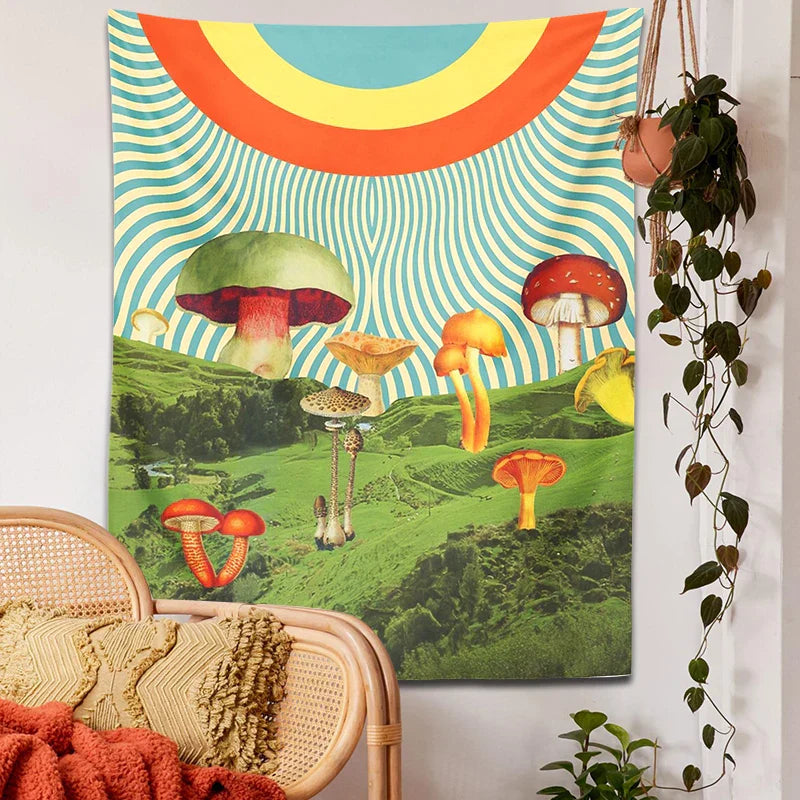 Psychedelic Mushroom Mountain Tapestry by Decobites - Hippie Bohemian Wall Decor