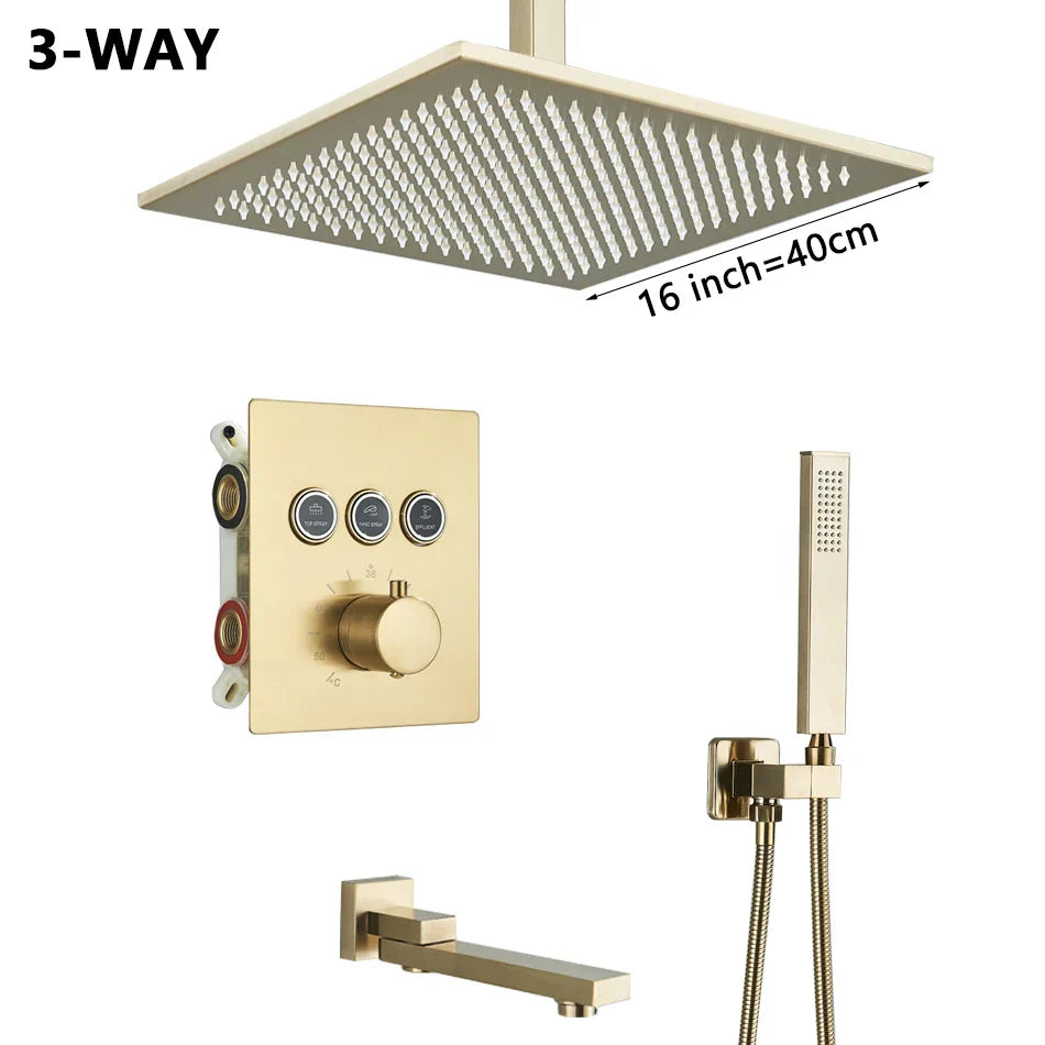 DecorBites™ Gold Thermostatic Rainfall Shower Faucet Mixer Set for Bathroom with Ceiling Wall Mount