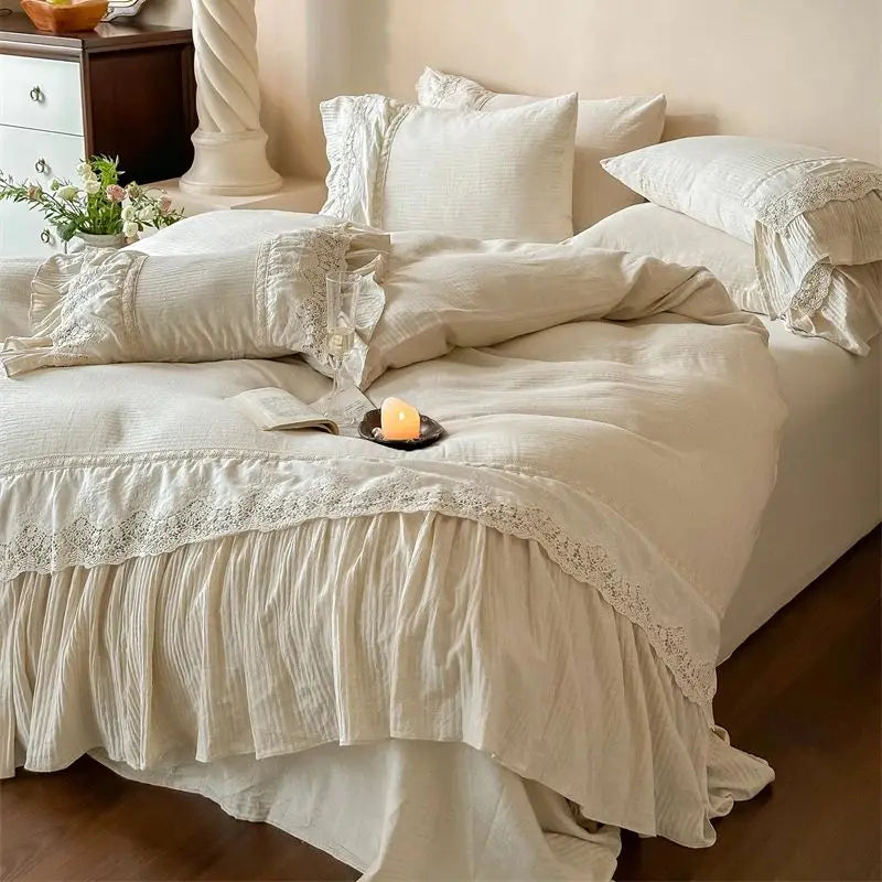 Decobites French Lace Ruffle Embroidery Bedding Set with Natural Health Skin Fabric