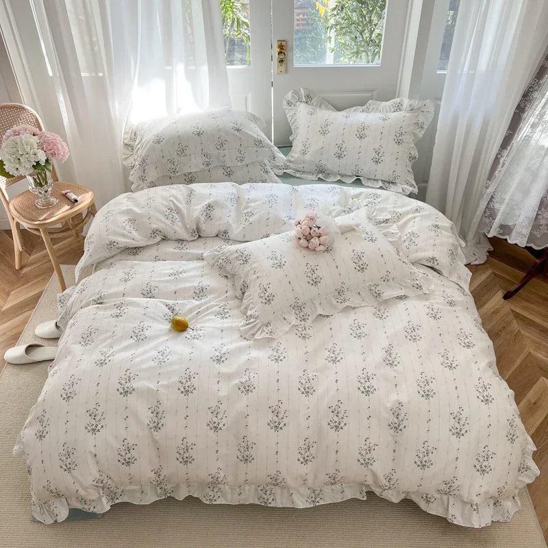 Decobites Floral Lace Ruffle Bedding Set, Fresh Flower Single Duvet Cover, 100% Cotton