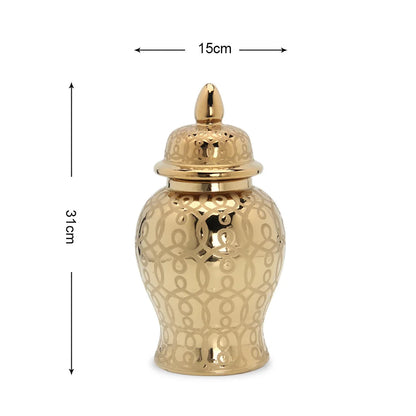 DecorBites™ Golden Pattern Porcelain Ginger Jar Vase with Lid for Home Decor