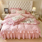 Decobites Pink Rose Floral Pleat Lace Ruffles 100% Cotton Bedding Set - Various Bed Sizes