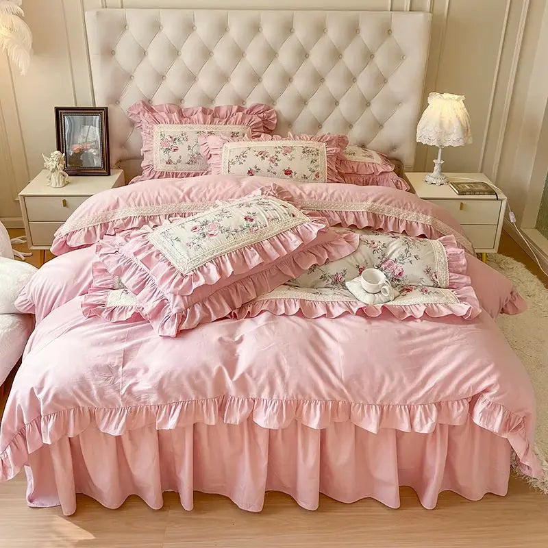 Decobites Pink Rose Floral Pleat Lace Ruffles 100% Cotton Bedding Set - Various Bed Sizes