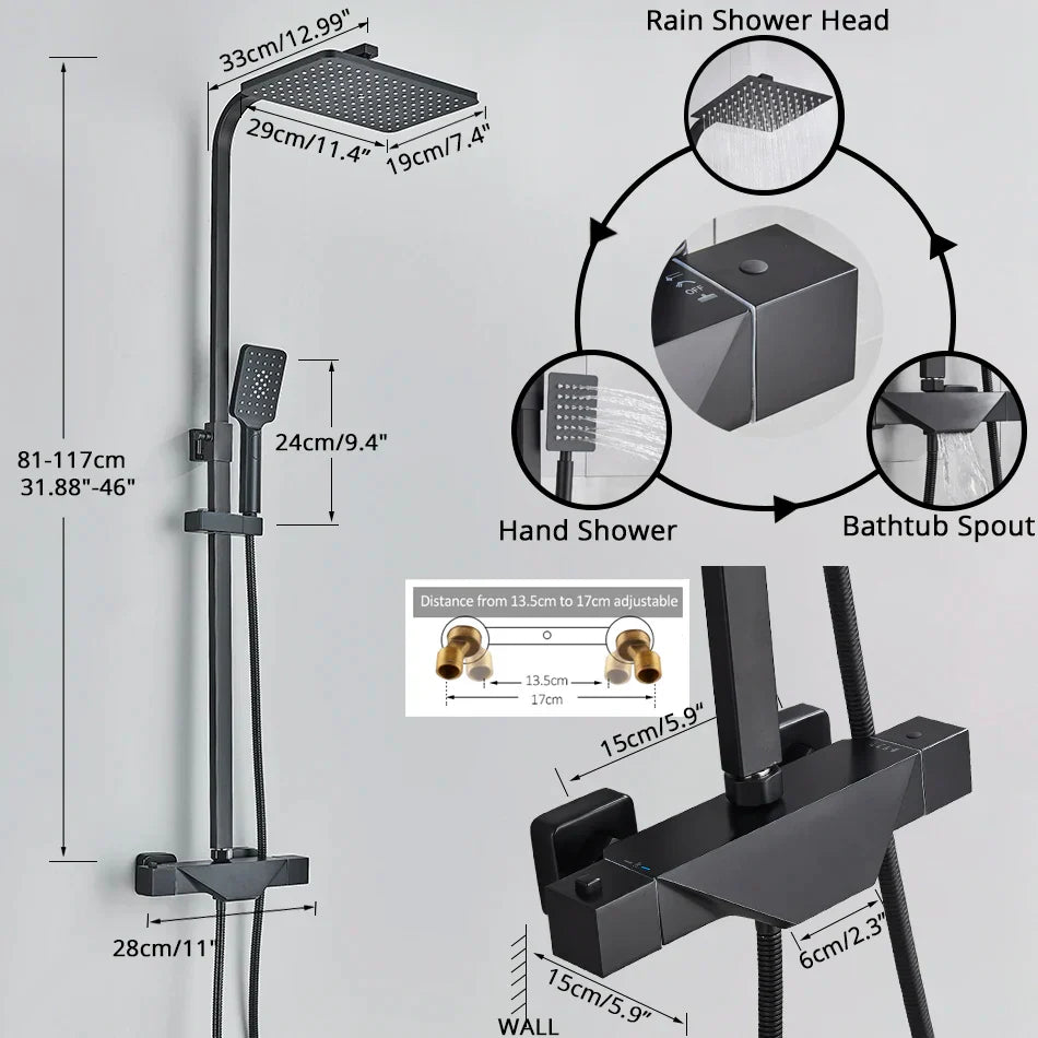 DecorBites™ Black Thermostatic Shower Faucet Rain Head System for Wall Mount Installation