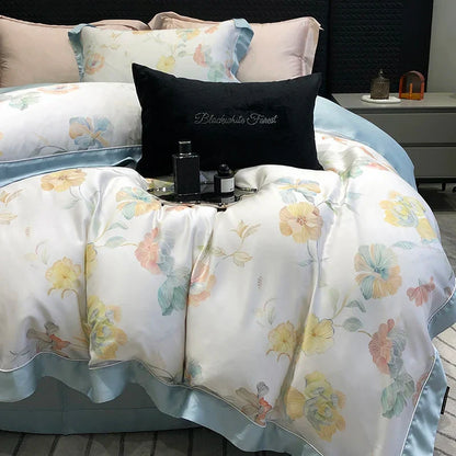 Decobites Rose Flowers Bamboo Fiber Bedding Set: Soft & Silky, 1 Duvet Cover, 2 Pillowcases, 1 Flat Sheet