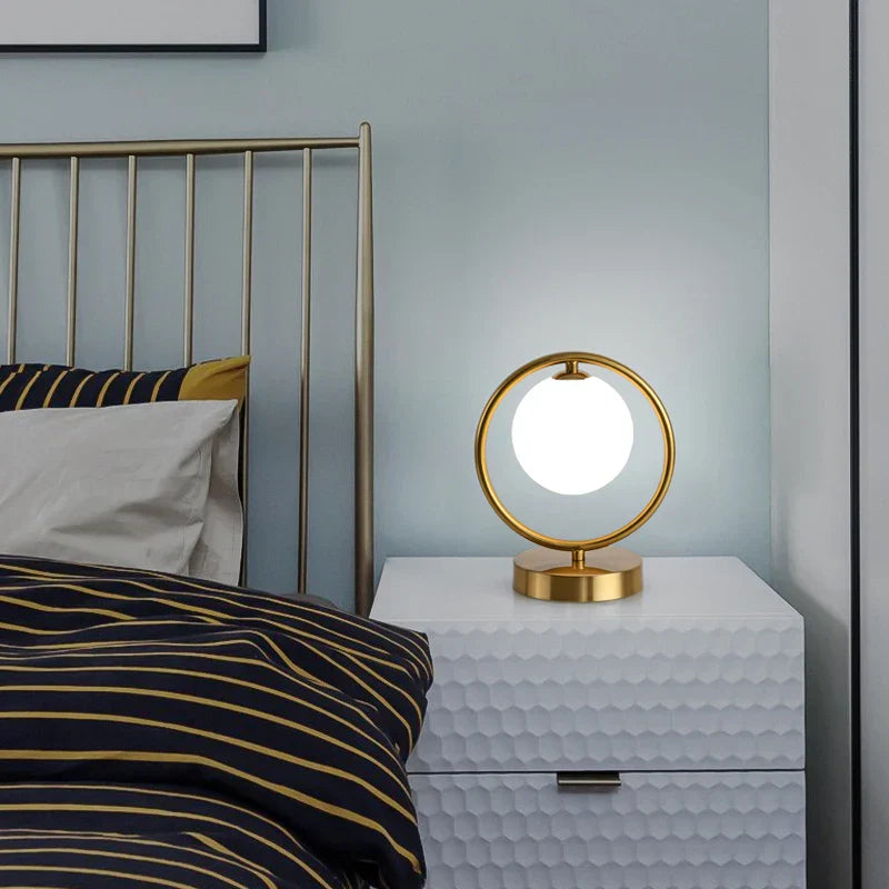 DecorBites™ LED Brass Glass Table Lamp for Bedside Reading Desk - Modern Round Ring Design