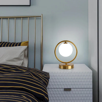 DecorBites™ LED Brass Glass Table Lamp for Bedside Reading Desk - Modern Round Ring Design