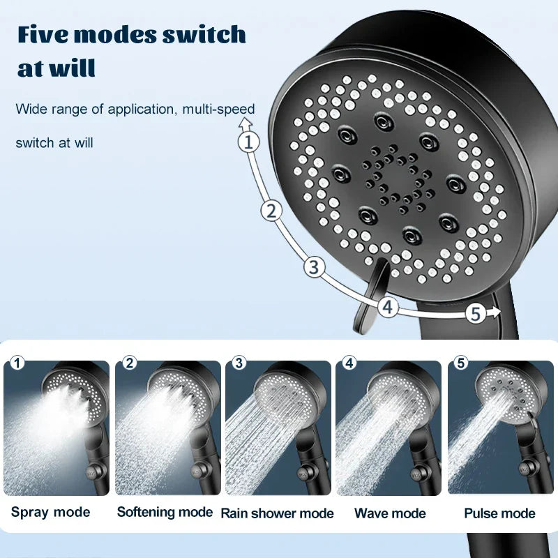 DecorBites™ Adjustable High-pressure Shower Head - 5 Modes, One-key Stop Water, Water-saving Hand-held