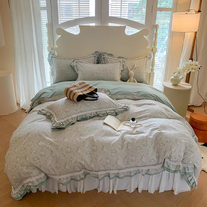 DecorBites™ Lace Ruffles Cotton Floral Duvet Set with Pillowcase, Princess Bedding