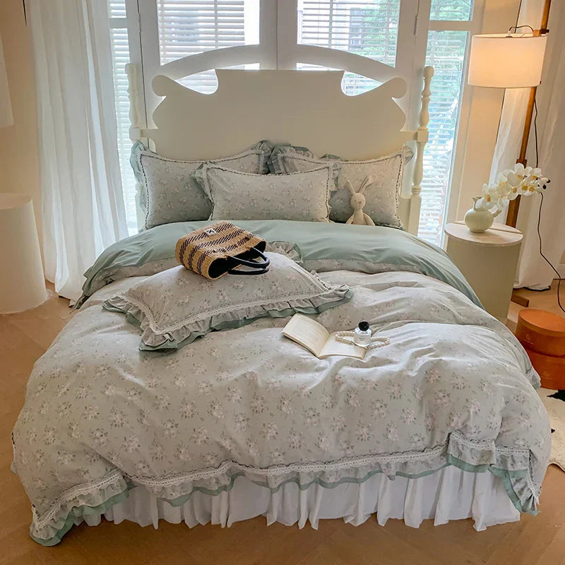Juego de Edredón de Algodón con Volantes de Encaje Floral Decorbites™ y Funda de Almohada, Ropa de Cama Princesa
