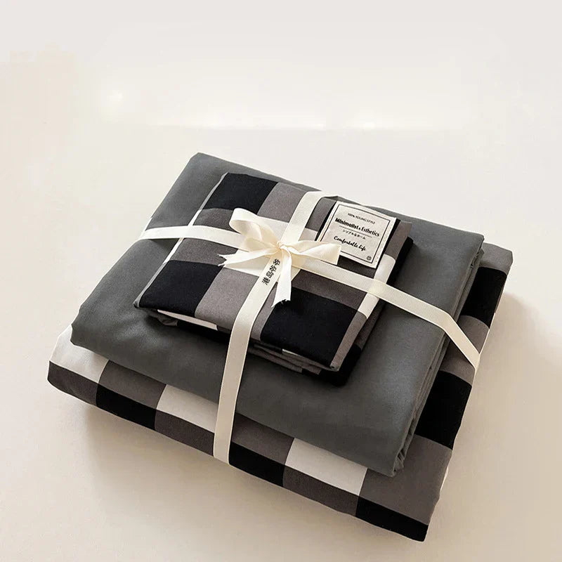 DecorBites™ Japanese Grid Printed Cotton Bedding Set in Queen/King for Cozy Sleep