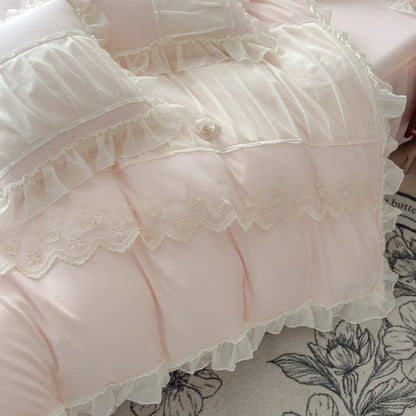 DecorBites™ Lace Luxury Bed Skirt Set: Silky Solid Color Bedclothes Single Double Bedspread