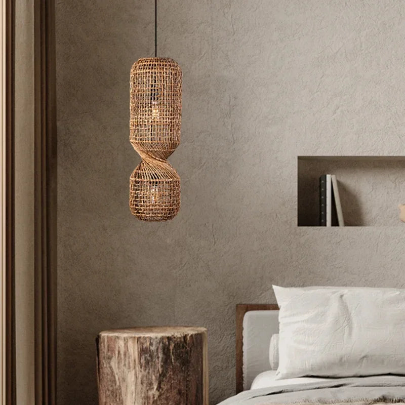 Vintage Hand-Woven Brown Rattan Cylinder Pendant Light