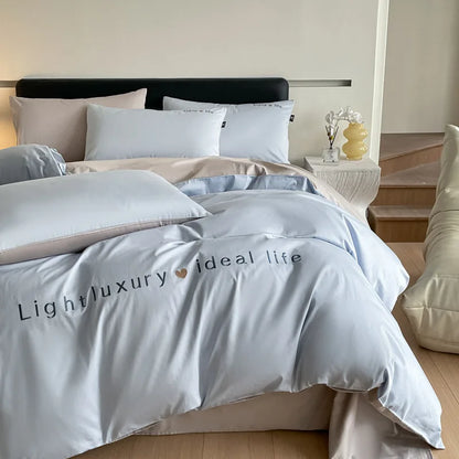 DecorBites™ 120S Long Staple Cotton Satin Embroidery Bedding Set - Solid Color Twin Full Double Comforter