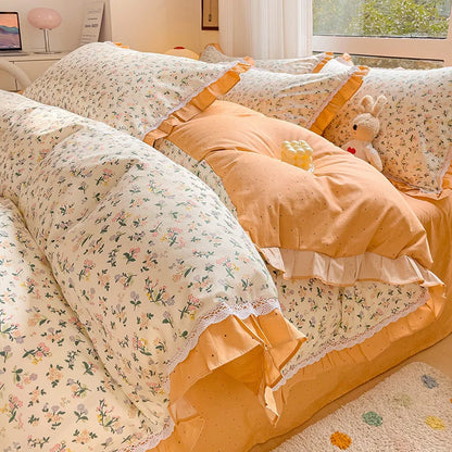 Decobites Floral Ruffles Bedding Set with Duvet Cover, Sheets, and Pillowcases