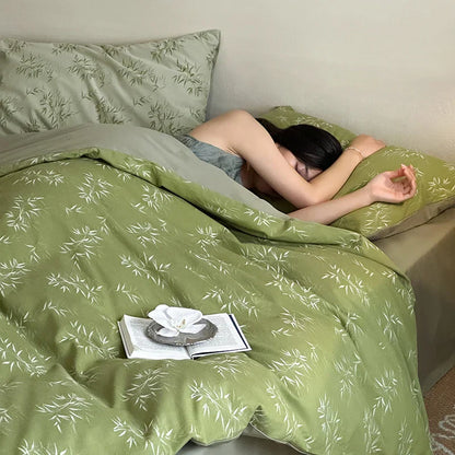 DecorBites™ Bamboo Leaf Jacquard Bedding Set: Soft & Comfortable Quilt Set, 100% Cotton, Green, Adult & Kids.