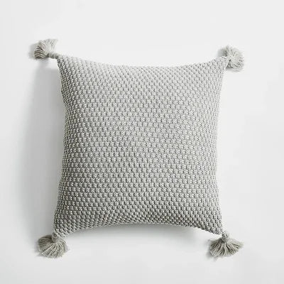DecorBites™ Knitted Grey Ivory Geometric Pillow Cover with Tassels, 45cm x 45cm