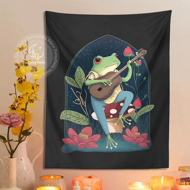 Decobites Psychedelic Frog Guitar Tapestry | Botanical Hippie Wall Cloth