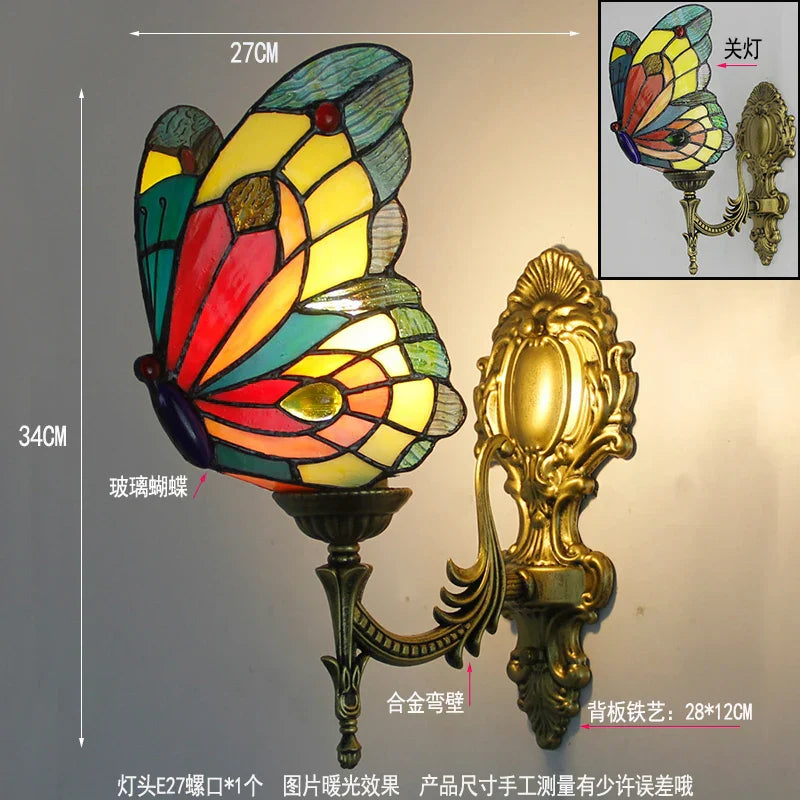 DecorBites™ Butterfly Glass Sconces LED Wall Lamps Tiffany Mediterranean Bedroom Lighting