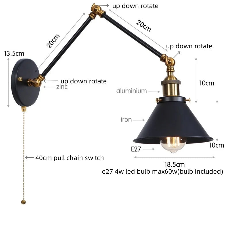 DecorBites™ Gold Long Arm LED Wall Sconce with Pull Chain Switch, Adjustable Industrial Bedside Lamp