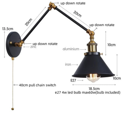 DecorBites™ Gold Long Arm LED Wall Sconce with Pull Chain Switch, Adjustable Industrial Bedside Lamp