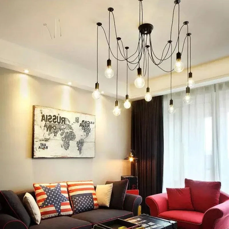 Black Industrial Spider Pendant Light, 6-Light Iron