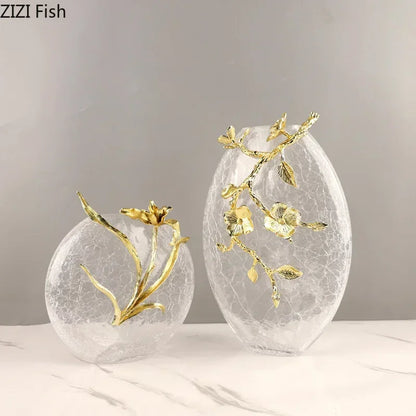 DecorBites™ Golden Flower Glass Vase Desk Decoration, Aesthetic Floral Vases, Room Decor