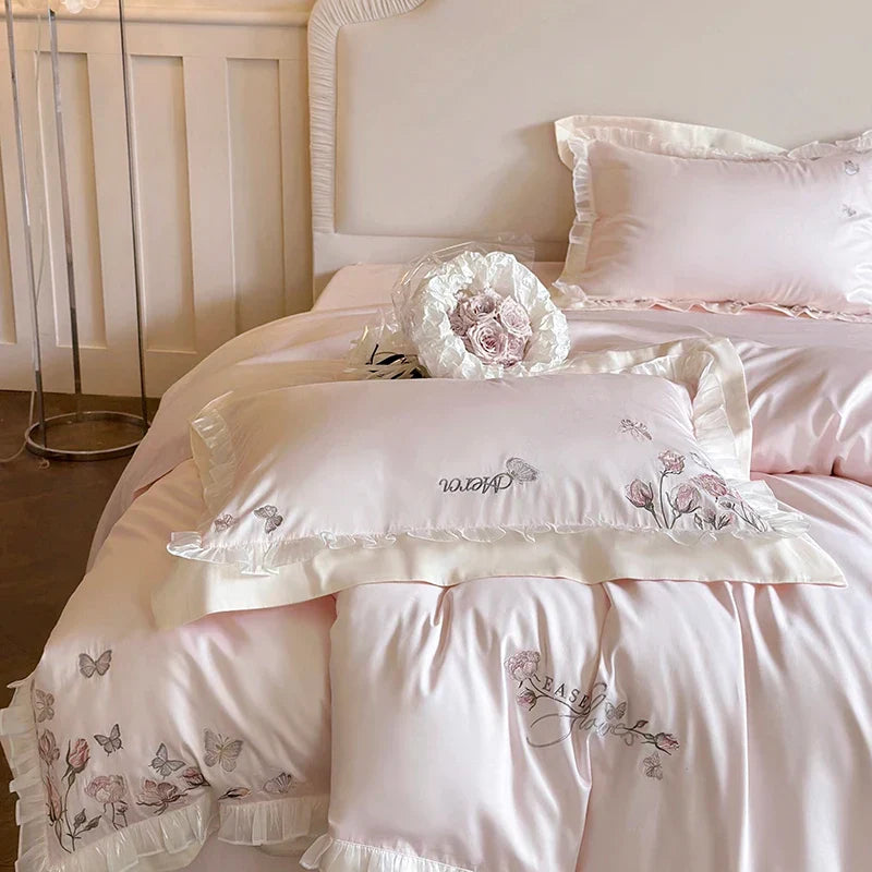 Decobites Pink Butterfly Flowers Embroidered Lace Bedding Set - 1000TC Egyptian Cotton