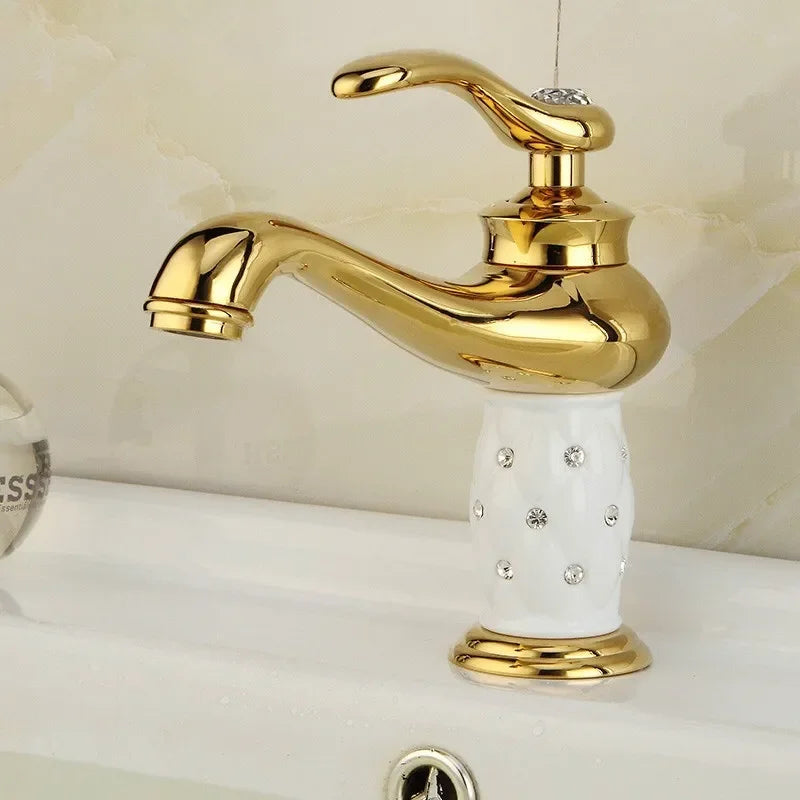 DecorBites™ Gold Brass Basin Faucet with Diamond, Single Handle Hot Cold Mixer Tap
