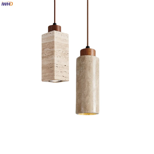 DecorBites™ Japanese Stone LED Pendant Lamps Yellow Travertine Wabi Sabi Hanging Light