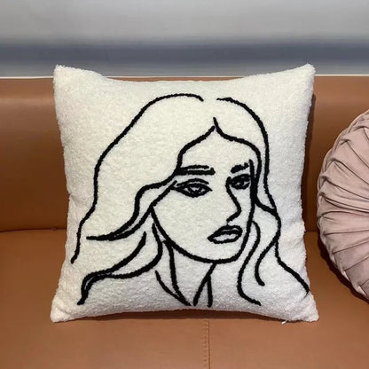 DecorBites™ Lambswool Face Embroidered Cushion Cover 45x45 - Beige White Abstract Art Pillowcase