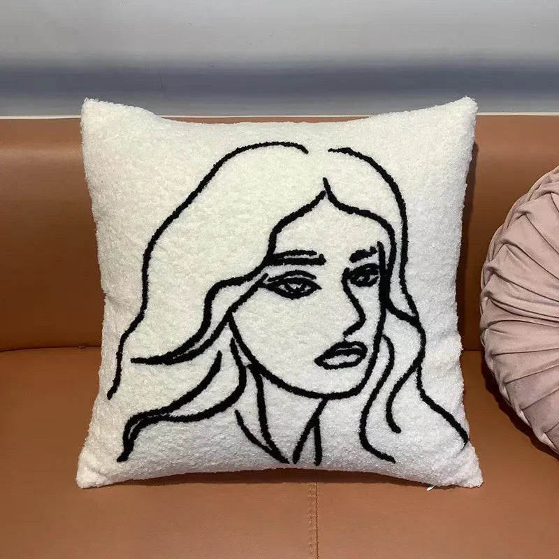 Funda de cojín bordada con rostro de lana de cordero Decorbites™ 45x45 - Beige Blanco Arte Abstracto