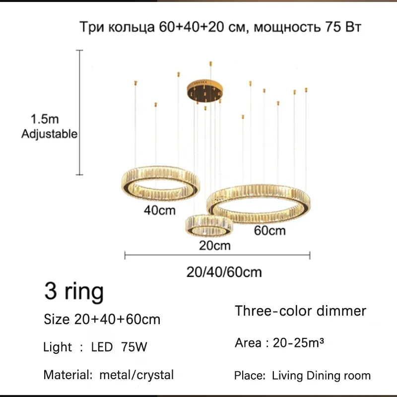 DecorBites™ Golden Crystal Chandelier: Nordic Modern Luxury LED Hanging Halo for Living Room