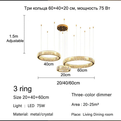 DecorBites™ Golden Crystal Chandelier: Nordic Modern Luxury LED Hanging Halo for Living Room