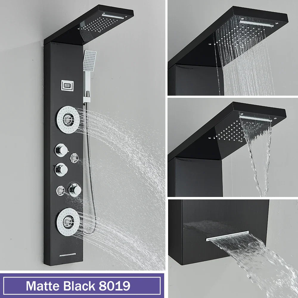 DecorBites™ Black Massage Jet Rainfall Shower Panel with Temperature Display 5 Modes
