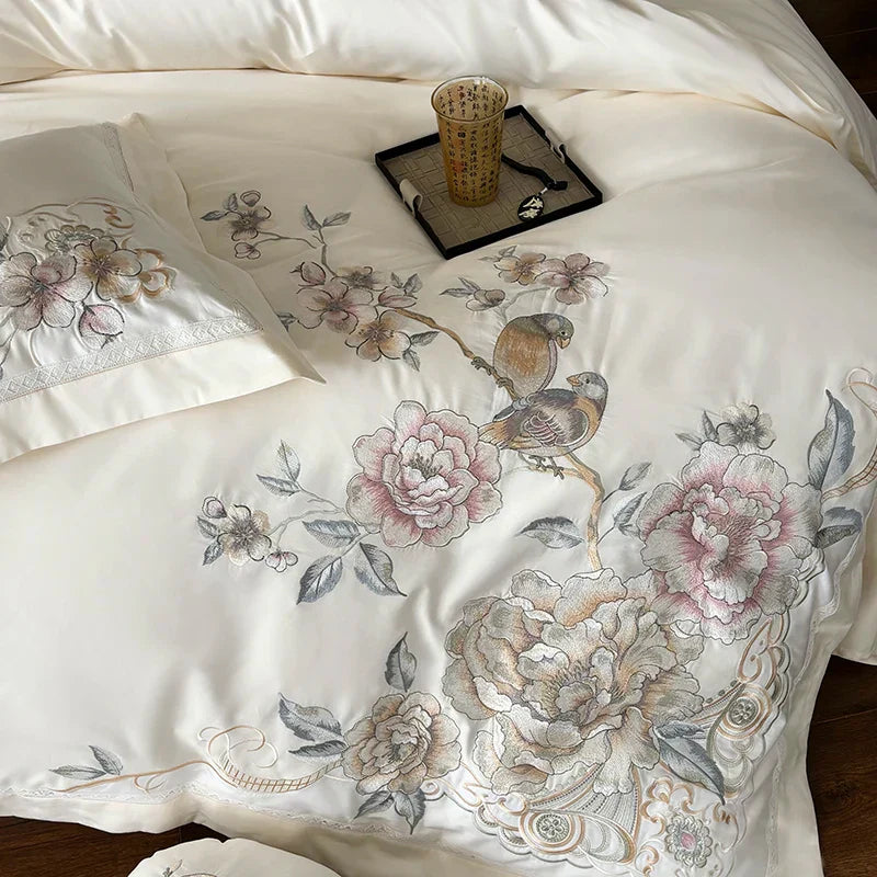 Decobites 5-Piece Chinese Flowers Bird Embroidery Bedding Set, 1000TC Egyptian Cotton, Queen King