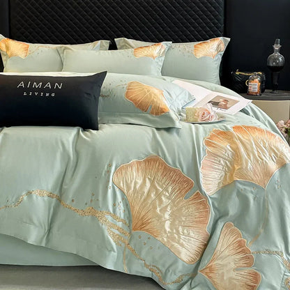 Decobites Gold Ginkgo Leaf Embroidery Bedding Set - 100% Cotton Luxury 4Pcs