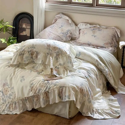 Decobites French Rose Flowers Print Bedding Set, Elegant Ruffles Princess Collection