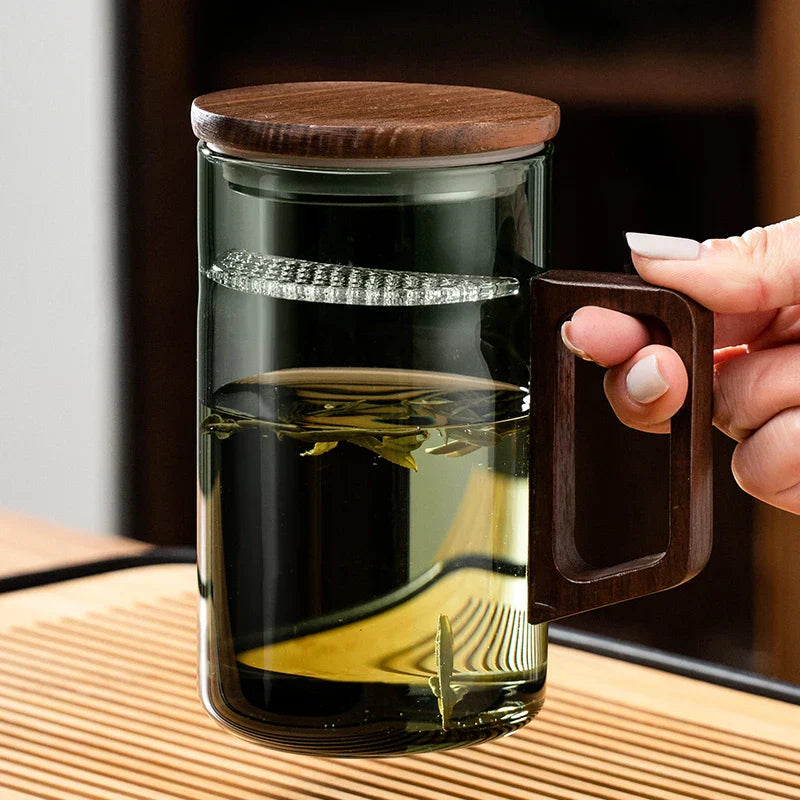 Juego de Tazas de Té de Vidrio Decorbites™ con Asa de Madera y Filtro Lunar