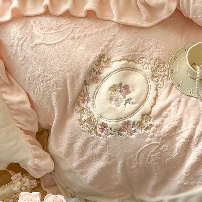 Decobites Vintage French Velvet Lace Embroidery Bedding Set with Ruffles Flowers