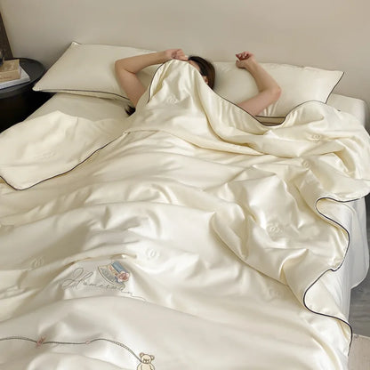 DecorBites™ Bear Floral Embroidery Summer Blanket Set with Cooling Feel