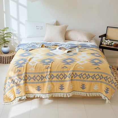 DecorBites™ Bohemian Cotton Throw Blanket - Four Layer Gauze Bedspread with Tassel Detail
