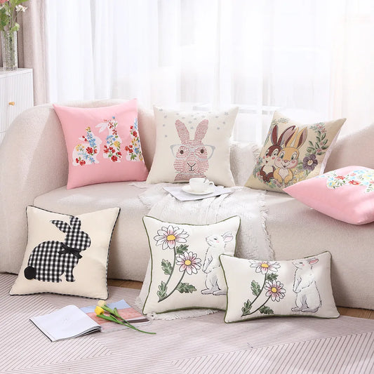 DecorBites™ Bunny Cushion Cover Pink White Floral Embroidered Easter Home Sofa Decoration