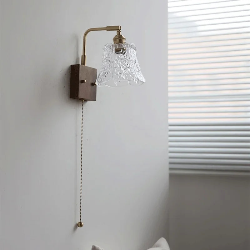 DecorBites™ Clear Glass LED Wall Light Walnut Bedside Lamp Modern Rotatable Brass Wall Lights