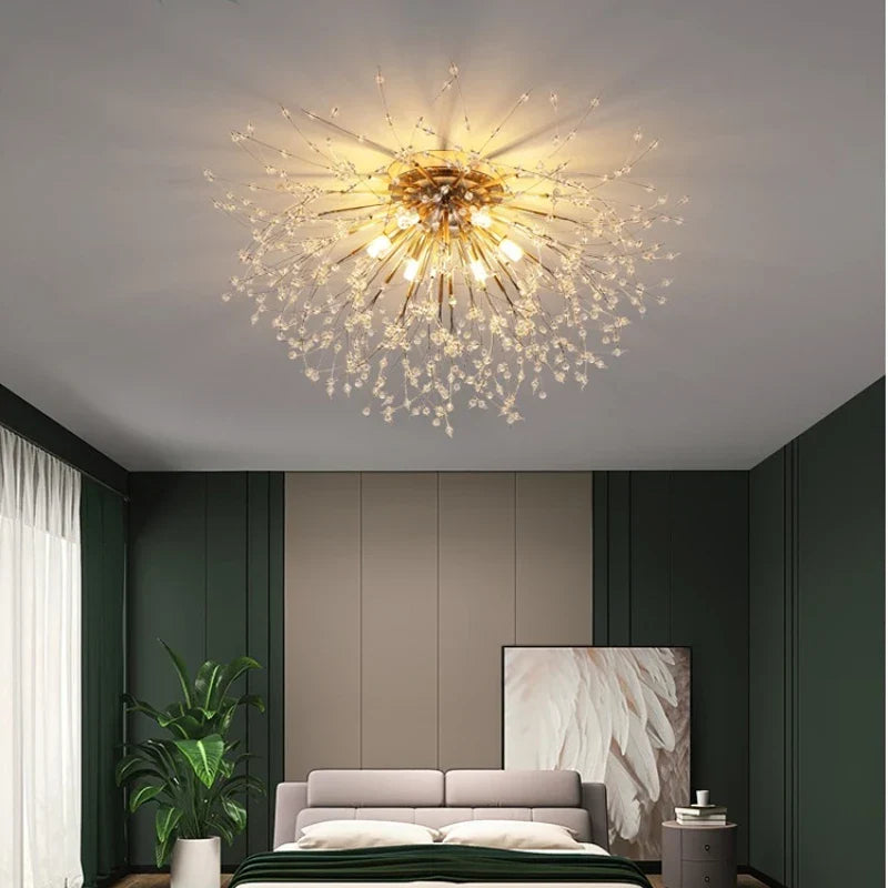 DecorBites™ Golden Dandelion Crystal Chandelier: Warm Nordic LED Ceiling Lamp for Romantic Living Room.