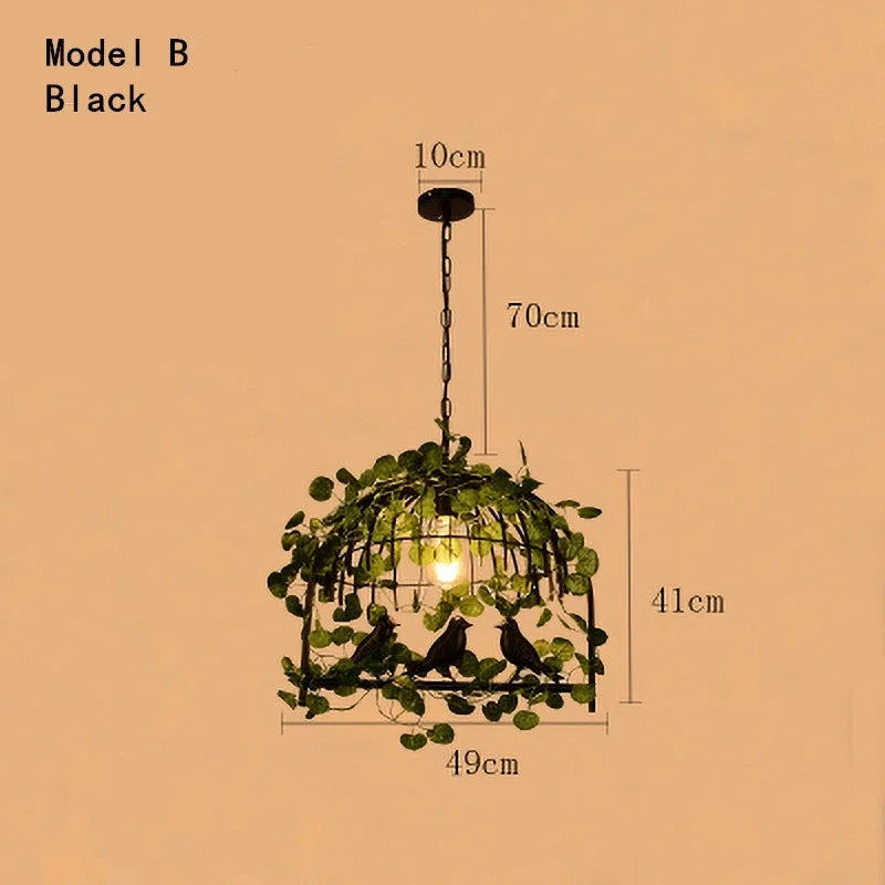 Lámpara de araña DecorBites™ con forma de jaula de pájaro de hierro, decoración de hojas verdes y luces LED